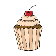 Chocolate cupcake with whipped cream isolated on white background . Sweet dessert. Vector cartoon illustration.