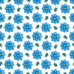 Watercolor seamless pattern of blue flowers on a white background.