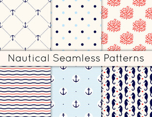 Stoffe zum Nähen Set of 6 vector seamless nautical patterns with anchors, sea horses, corals, hearts, wavy lines and polka dot. Vintage maritime collection of backgrounds in minimalistic style.
