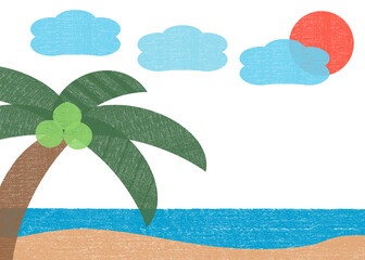 A seaside scenery view as kids art on white background. Sunny day at a beautiful beach without anybody at all.