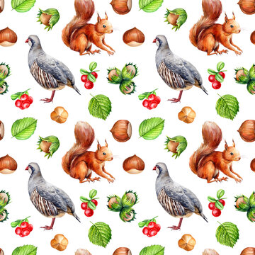 forest environment, a seamless pattern of cute squirrels, birds, leaves, hazelnuts, lingonberries, watercolor drawing