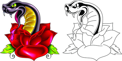 Traditional tattoo with a rose and a snake. Silhouette of a cobra with teeth. Isolated vector illustration.