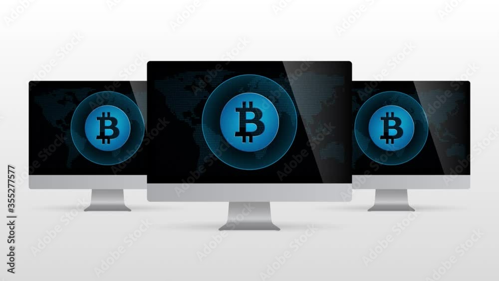 Poster digital world desktop device with cryptocurrency mining coin. realistic computer monitor with digita