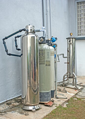 Subang Jaya, Selangor, Malaysia - December 27, 2019 : Outdoor master whole house water purification filter system. Stainless steel and fiberglass water filter system.