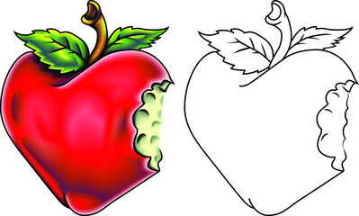 Heart shaped bitten apple. Symbol Adam & Eve's. Vector image.