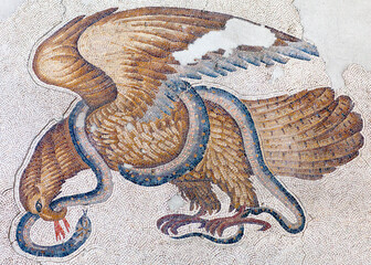 Eagle with Serpent - ancient Byzantine mosaic in the Great Palace of Constantinople in Istanbul, Turkey, dating to the reign of Byzantine emperor Justinian I, 6th century A.D.