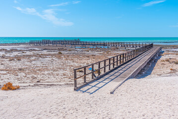 Wooden boardwalk at Hamelin pool used for view at stromatolites, Australia