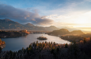 Bled landscape with island, lake and Julian Alps at sunrise in Slovenia