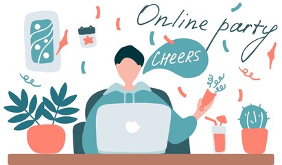 Online party, birthday, virtual meeting friends. young man sitting in front of laptop with cocktail. Video chat. Vector flat hand drawn vector illustration