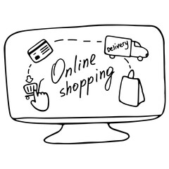 Online shopping concept. Online purchases from home. Process of buying and delivering goods. Vector doodle design