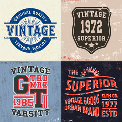 Set of vintage design print for t-shirt stamp, tee applique, fashion typography, badge, label clothing, jeans, and casual wear. Vector illustration
