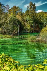 Landscape of waterfall and turquoise lake in the forest. Plitvice Lakes National Park. Nacionalni park Plitvicka Jezera, one of the oldest and largest national parks in Croatia. UNESCO World Heritage.