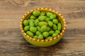 Spicy wasabi peanuts in the bowl