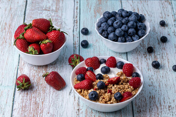 Muesli with greek yogurt on the table