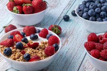 Muesli with greek yogurt on the table