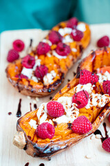 Roasted Pumpkin with Cream Cheese, Raspberries, Pine Nuts and Balsamic Sauce, Healthy Salad
