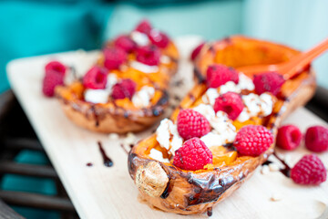 Roasted Pumpkin with Cream Cheese, Raspberries, Pine Nuts and Balsamic Sauce, Healthy Salad