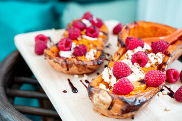 Roasted Pumpkin with Cream Cheese, Raspberries, Pine Nuts and Balsamic Sauce, Healthy Salad