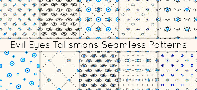 Set of 10 vector seamless patterns with various evil eyes talismans for protection and good luck. Contemporary modern trendy background for digital paper, textile, texture, wrapping paper.