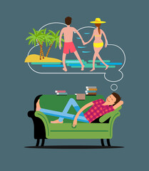 Vector illustration of young man dreaming of beach resort vacation with girlfriend while taking nap on sofa at home