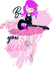 Beautiful, cute girl playing guitar with ballerina dress, rock star ballerina girl vector
