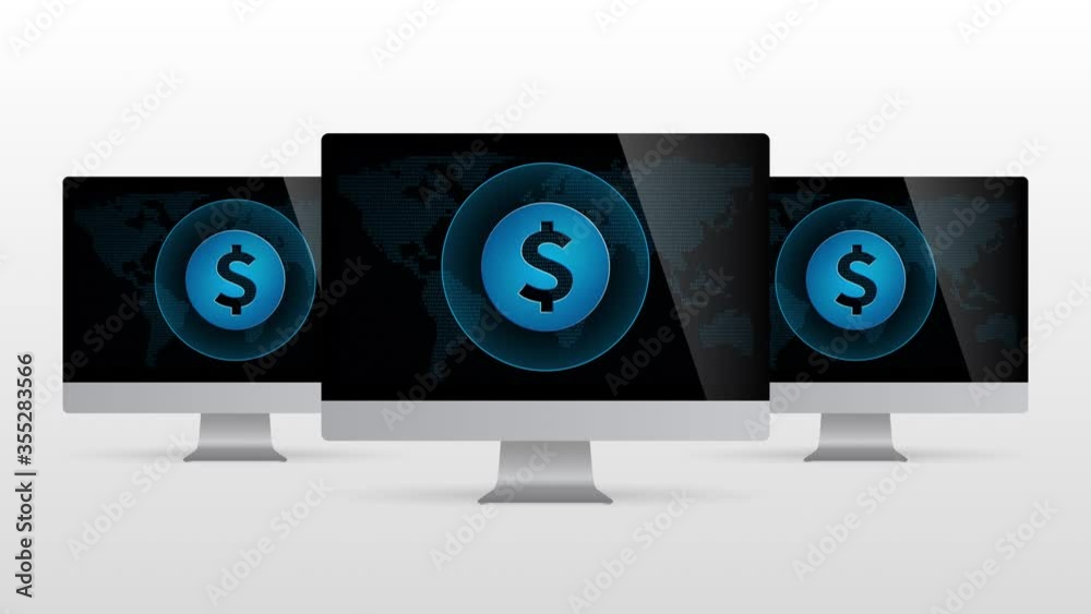 Poster digital world desktop device with electronic payment for web. realistic computer monitor with dollar
