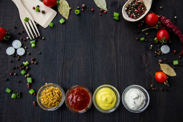 Cooking food background with free space for text. Composition with ingredients over the wood background. Ingredients for cooking with copy space. Top view with copy space