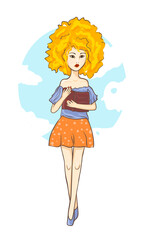 Zodiac sign Leo Lion. Cute girl with curls reading a book - a sweet tender vector illustration cartoon character teenager for avatar. Schoolgirl, student prepares for exams and a session, holds a book