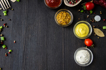 Cooking food background with free space for text. Composition with ingredients over the wood background. Ingredients for cooking with copy space. Top view with copy space