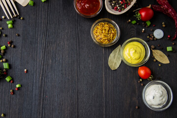Cooking food background with free space for text. Composition with ingredients over the wood background. Ingredients for cooking with copy space. Top view with copy space