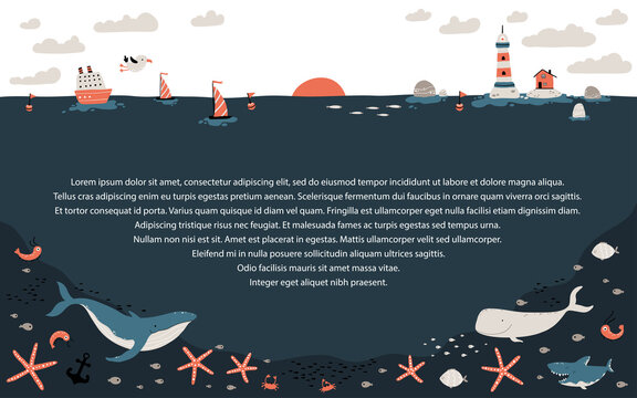 Template horizon with the bottom of the ocean and fauna. A ship, boats and a lighthouse with a fishing house. Marine inhabitants below. Vector illustration in cartoon scandinavian style.