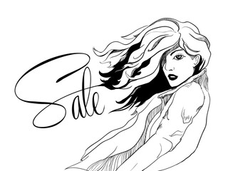 Sketch drawing fashionable Girl. Woman with hair flying in wind in spring coat. Promotional text - poster sale. Woman in coat - style fashion silhouette. Advertising Discounts for spring, autumn 