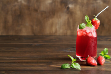 Summer berry lemonade with strawberries and mint. Copy space.