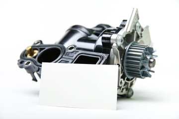 car engine pump with white card blank on white background