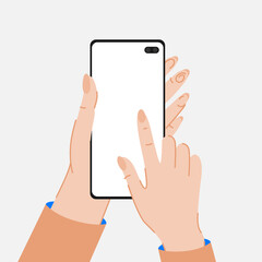 Hand holding phone flat design illustration for app, mobile web mock-up. Finger presses a button on the screen mockup. Female hands. Finger pointing to touch screen.