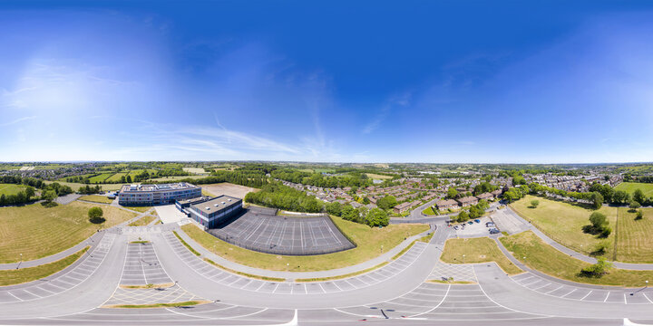 Cleckheaton UK, 29th May 2020: 360 Degree Panoramic Sphere Aerial Photo Of The Whitcliffe Mount Primary School, Showing An Aerial Photo Of British School Building On A Bright Sunny Summers Day