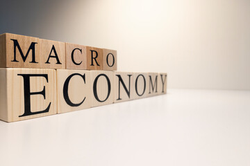 Business concept. Macro, economy, risk words are written with wooden cubes.