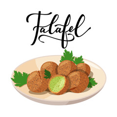Traditional dish of Jewish cuisine Falafel. Vegetarian food on beige plate. Black ink hand lettering. Isolated on white background.