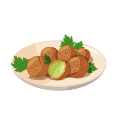 Traditional dish of Jewish cuisine Falafel. Vegetarian food on beige plate. Isolated on white background.