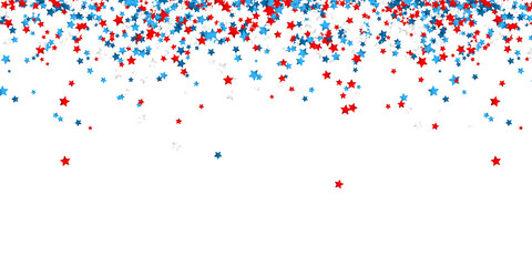Celebration confetti in national colors of USA. Holiday confetti in US flag colors. 4th July independence day background - obrazy, fototapety, plakaty
