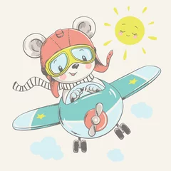 Foto op Plexiglas Schattige dieren Vectorillustratie van een schattige baby Beer, vliegen op een vliegtuig.