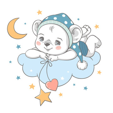 Vector illustration of a cute baby bear in blue nightwear, lying on the cloud among the stars.