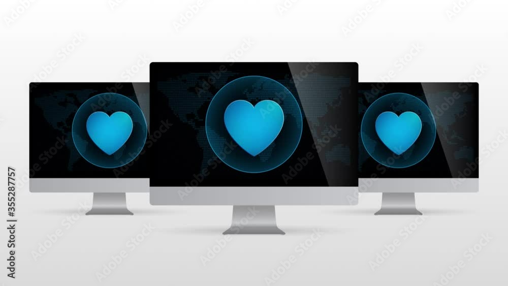 Poster digital world desktop device with love icon. realistic computer monitor with heart symbol in screen 