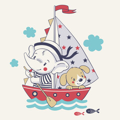 Vector illustration of a cute baby elephant mariner and his dog, sailing on a ship.
