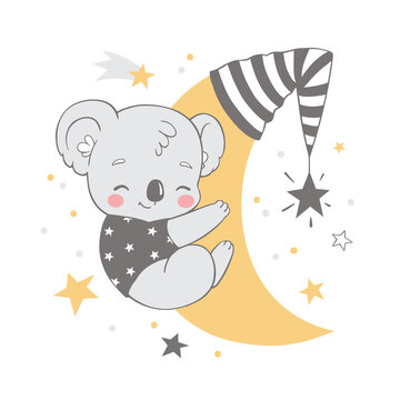 Vector illustration of a cute baby koala, sleeping on the moon among the stars.