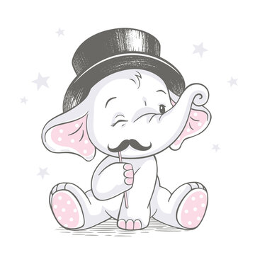 Vector hand drawn illustration of a cute baby elephant with mustache wearing top hat.