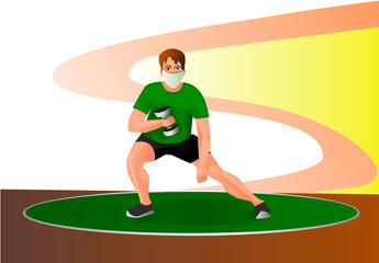 Man doing gymnastics on nature. Person is engaged in fitness with mask. Morning fitness. Active and healthy lifestyle with protection contro coronavirus. Vector illustration.