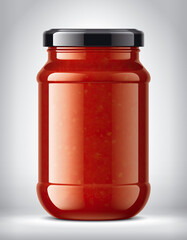 Glass Jar on Background with Tomato Sauce