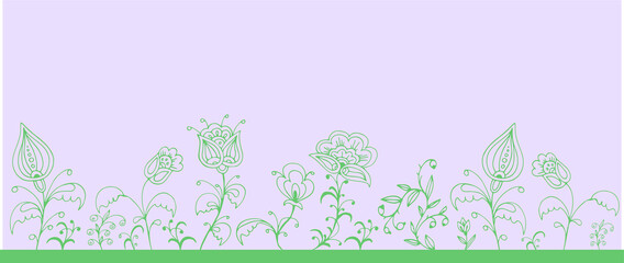 border vegetable element abstraction green lilac contour freehand drawing ornament textile folk flower packaging paper cover scarf handkerchief Wallpaper template 
