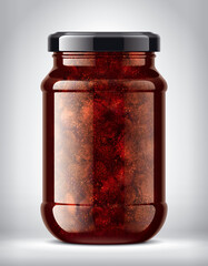 Glass Jar with Strawberry Jam on Background. 